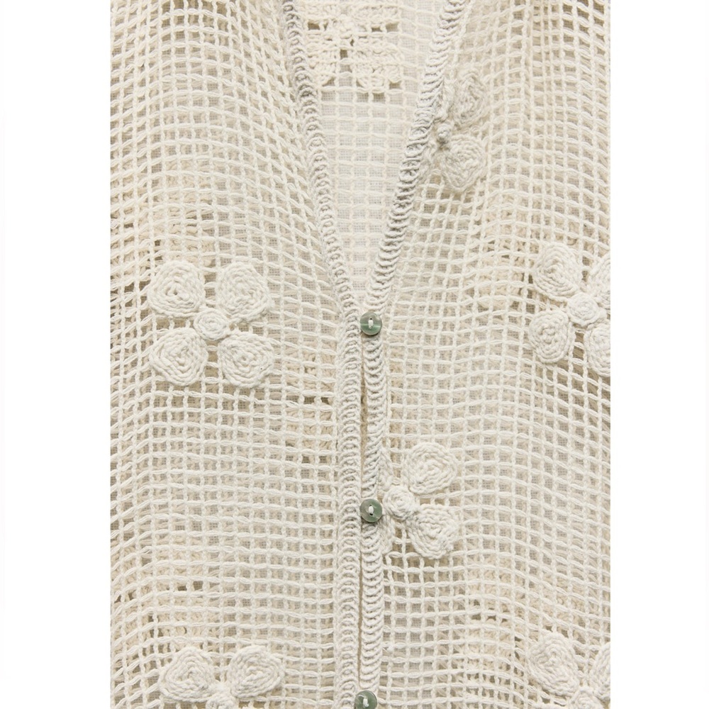 Zara Cream Crochet Open-Knit Buttoned Top and Pant Set - Picture 8 of 13